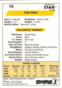 1992 Jockey Star #16 Dale Baze Back
